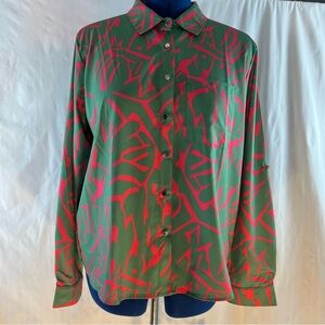 Blouse Green & Pink Design Button Down Collared Breast Pocket Silver Button XXL